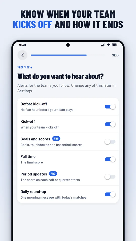 Choosing which alerts to receive during setup