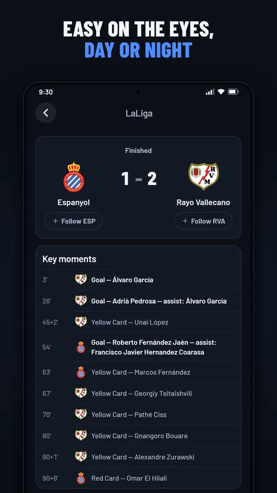 A LaLiga match page in dark mode