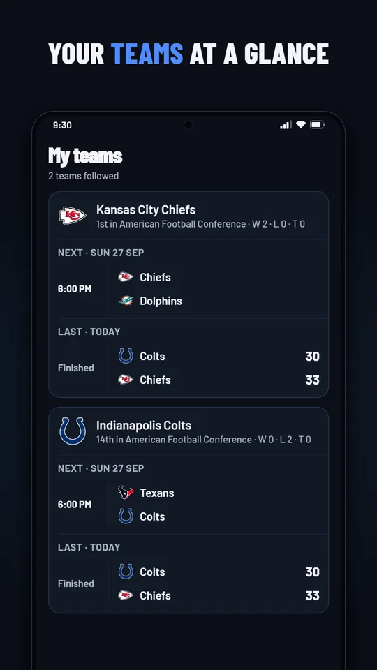 My teams screen with the Chiefs and Colts, their next match, last result and standing