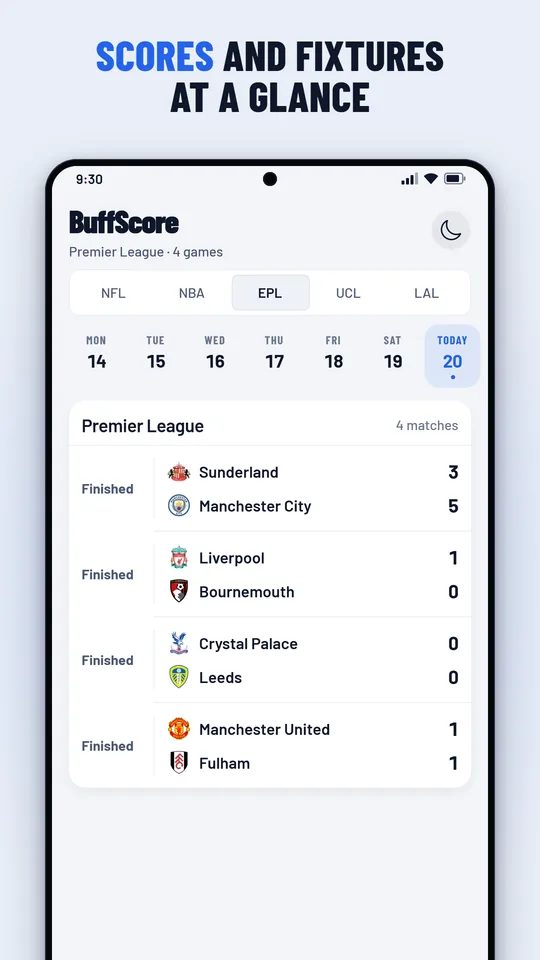 BuffScore Scores tab showing Premier League results for the day